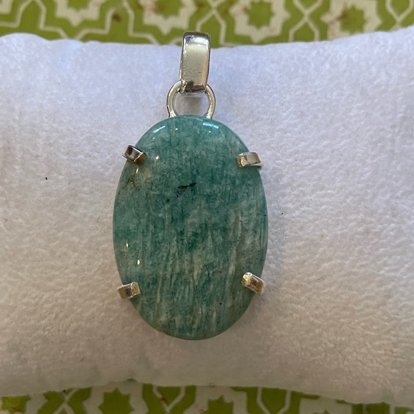 Natural Amazonite Oval Pendant – Blue Green Color Silver Plated - Brand New - Picture 3 of 7